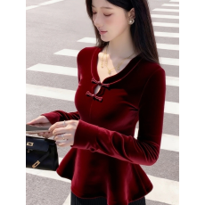 批发新年圣诞红色丝绒上衣2025<b class='q'>冬</b>季轻奢高级感法式气质收腰内搭衬衫女