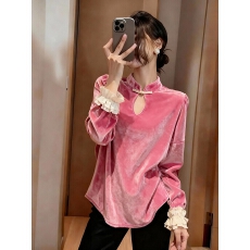 批发新中式蜜桃粉色丝绒<b class='q'>衬衫</b>秋冬内搭外穿打底衫国风改良汉服盘扣上衣