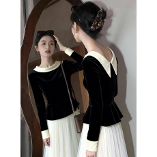 批发法式名媛绝美撞色丝绒打底衫女内搭秋冬高级气质收腰长袖上衣