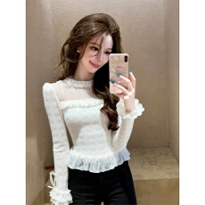 批发秋冬纯欲氛围感白色磨毛蕾丝打底衫<b class='q'>女</b>内搭设计感掐腰修身长袖上衣