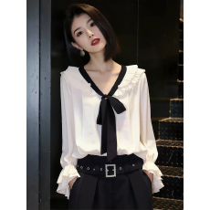 批发蝴蝶结风白色长袖衬衫<b class='q'>女装</b>春季2026新款荷叶边系带设计感上衣宽松