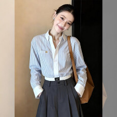 批发法式蓝白条纹POLO领正肩<b class='q'>衬衫</b>女款2026春季新款高级感通勤上衣