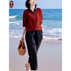 批发素订女装原创品牌旗舰店早秋气质简约上衣<b class='q'>衬衫</b>+直筒阔腿裤子套装