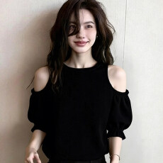 批发设计感黑色露肩长袖上衣<b class='q'>女</b>2026夏季新款小众百搭高级感气质打底衫