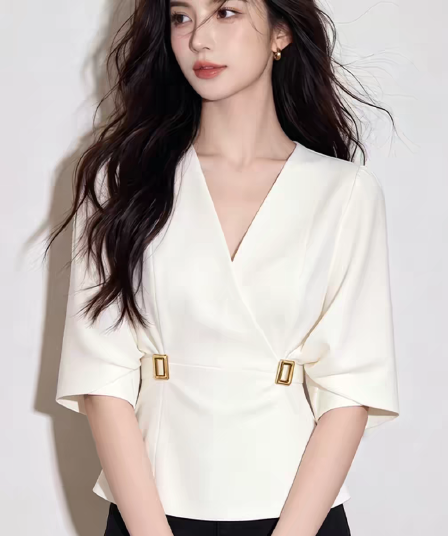 프랑스식 사소한 Chic 맨위 여성 여름 품격 빛 럭셔리 고급 출퇴근 다용도 허리 수축 배트윙 소매 화이트 셔츠