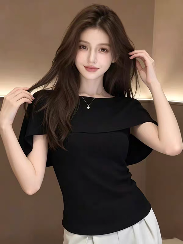 한국 스타일 분위기 센스 패션 검정색 오프숄더 여성 여름 몸매 가꾸기 슬림해 보이는 다용도 품격 니트 맨위 여성 의류 트렌디