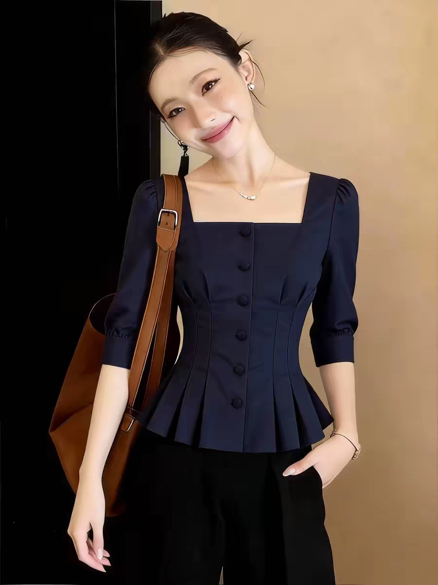 프랑스식 부드러운 바람 광장 칼라 거품 소매 허리 수축 여성 셔츠 2026 봄 여름 새로운 다용도 슬림해 보이는 품격 맨위