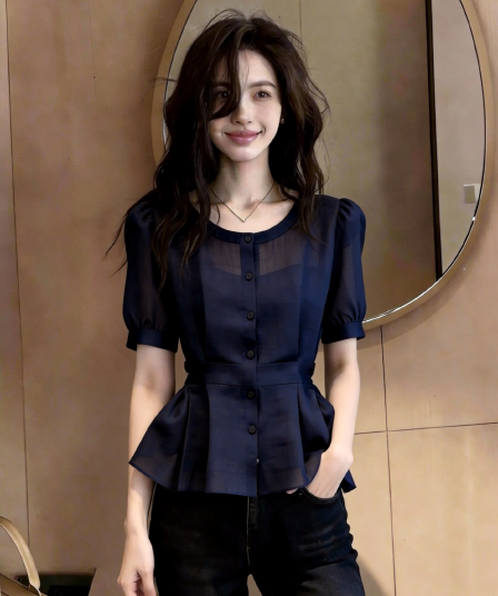 프랑스식 미니멀리즘 빛 요리 한 품격 출퇴근 작은 샤넬 스타일 파란색 반팔 여성 셔츠 2026 여름 새로운 꼬집기 허리 작은 셔츠