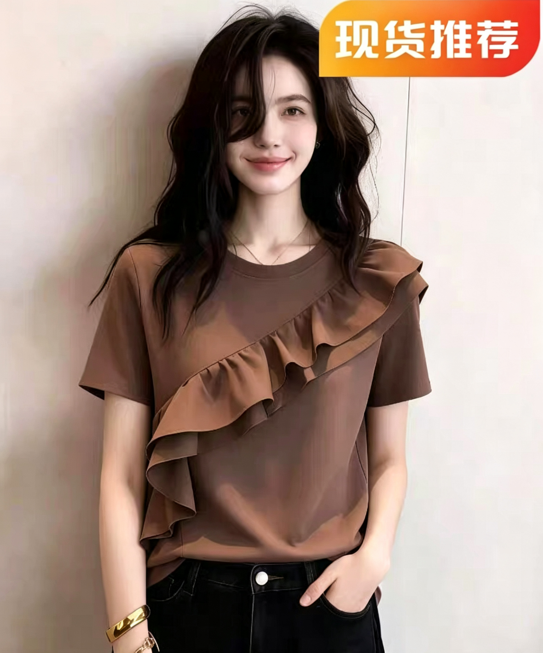 여름 프랑스식 레트로 핫걸 주름 긍정적 인 어깨 반팔 티셔츠 여성 디자인 센스 불규칙 chic 다용도 슬림해 보이는 맨위