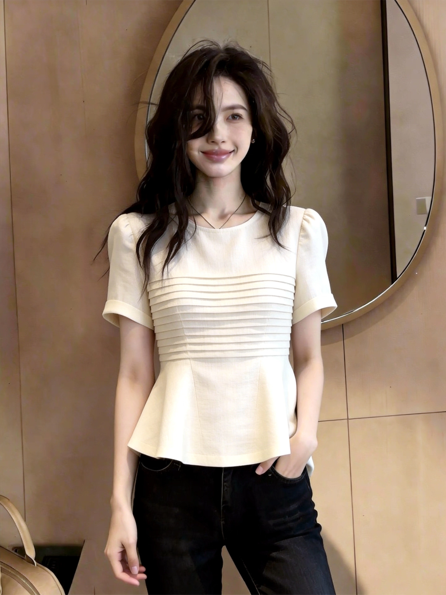물품 번호 6980 있음 선적 2026 여름 프랑스식 부드러운 바람 분말 보라색 V넥 긴팔 레이스 여성 셔츠 오리지널