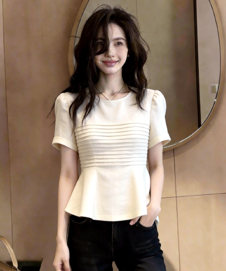 물품 번호 6980 있음 선적 2026 여름 프랑스식 부드러운 바람 분말 보라색 V넥 긴팔 레이스 여성 셔츠 오리지널