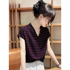批发时尚紫色波点V领短袖<b class='q'>t</b><b class='q'>恤</b>女2026夏季新款显瘦<b class='q'>百搭</b>轻奢洋气小衫上衣