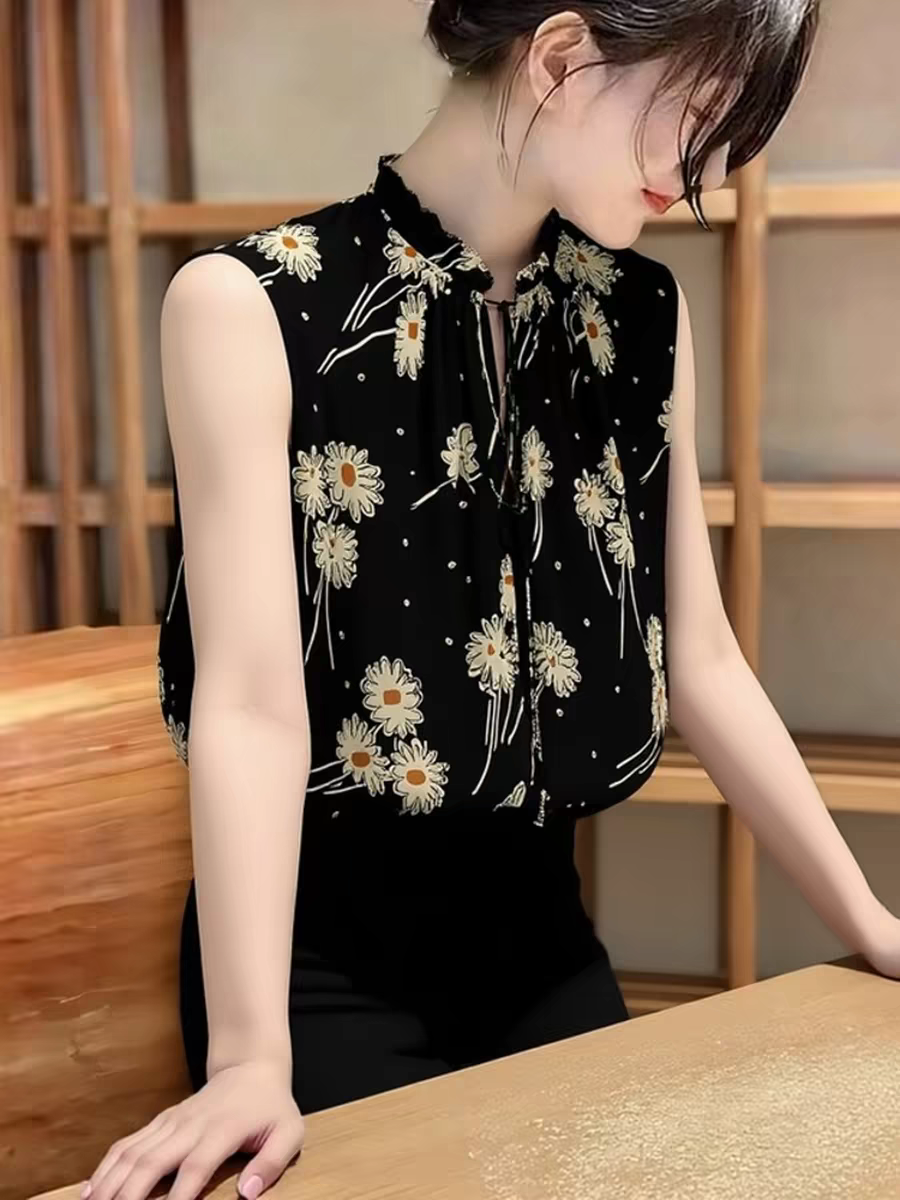 2026 여름 새로운 데이지 바람 민소매 꽃밭 칼라 프린트 여성 셔츠 출퇴근 품격 우아함 레이스업 스트레이트 맨위