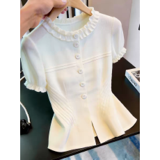 批发超好看白色荷叶边<b class='q'>短袖</b>衬衫女通勤显瘦气质上衣高级感2026别致新款