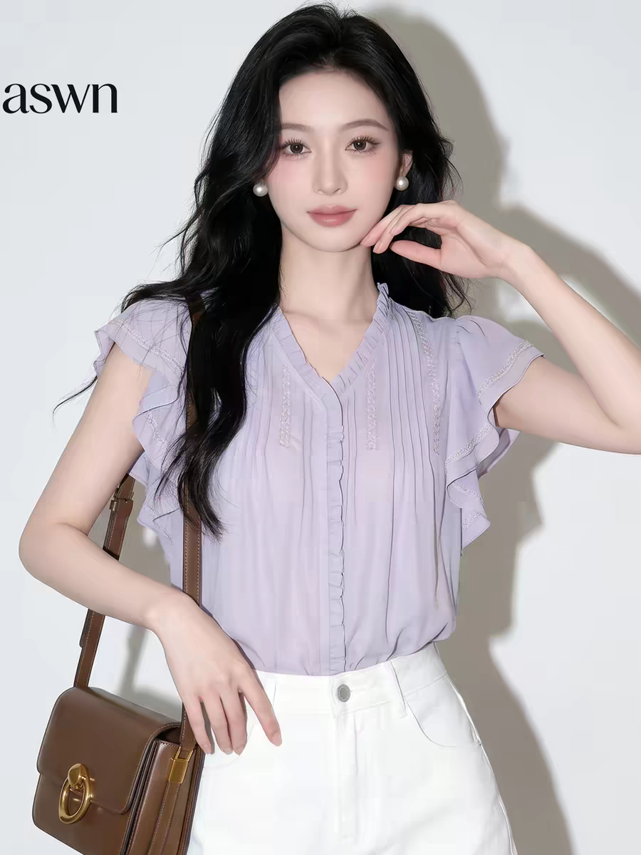 보라색 V넥 쉬폰 여성 셔츠 여름 2026 새로운 프랑스식 사소한 아름다운 Chic 매우 요정 ~ 중 작은 날다 소매 맨위