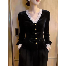 批发复古宫廷风黑色V领蕾丝上衣女秋季设计感优雅减龄小众2026年秋新