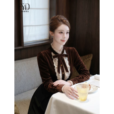 批发棕色蕾丝拼接丝绒上衣女装2026秋季轻熟气质名媛独特漂亮百搭衬衣