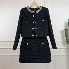 批发2025新款小香风镶钻粗花呢<b class='q'>套装</b> 短外套A字半身裙+<b class='q'>名媛</b>风两件套