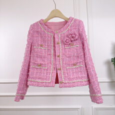 批发2025<b class='q'>夏</b>新款小香风粗花呢外套 圆领金边花朵装饰短外套