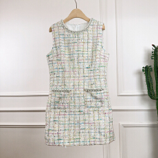 批发2025新款小香风彩格粗花呢无袖连衣<b class='q'>裙</b> 珍珠领收腰名媛风短<b class='q'>裙</b>