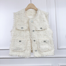 批发2026新款小香风毛边粗花呢马甲 镶钻扣多口袋无袖背心<b class='q'>外套女</b>