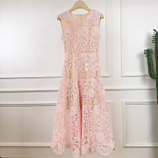 批发2026新款温柔风立体花卉蕾丝无袖<b class='q'>连衣</b>裙 圆领收腰大摆名媛风<b class='q'>长裙</b>