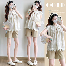 批发实拍孕妇套装<b class='q'>夏</b>季新中式国风蕾丝花边上衣休闲五分裤裤套装