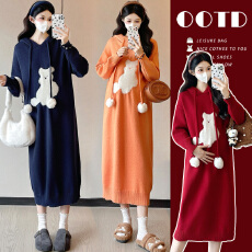 批发实拍现~孕妇连衣裙新款加厚宽松连帽卫衣针织打底长裙秋冬孕妇裙