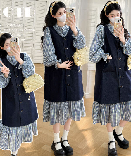 실사 지금 임산부 봄 드레스 새로운 한 부서 데님 조끼 원피스 세트 여성 체크무늬 셔츠 드레스 투피스 세트