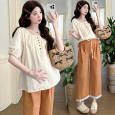 孕妇套装夏季2026新款宽松方领杏色娃娃衫时尚甜美上衣裤子两件套