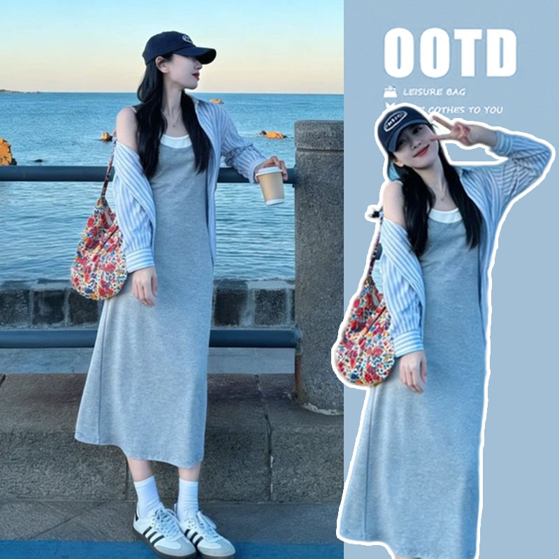 출산 착용 여름 새로운 캐주얼 세트 패션 한 부서 페이크 레이어드 슬립 드레스 자외선 차단 표지 고기 오픈 가디건 투피스 세트