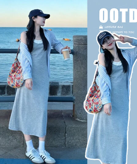 출산 착용 여름 새로운 캐주얼 세트 패션 한 부서 페이크 레이어드 슬립 드레스 자외선 차단 표지 고기 오픈 가디건 투피스 세트