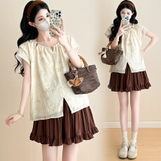 实拍孕妇夏季外穿时尚洋气时髦杏色刺绣衬衫上衣咖色半身裤裙套装