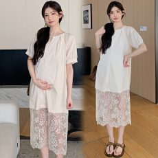 孕妇蕾丝拼接连衣裙女2026夏季新款韩版宽松时尚高级感过膝裙子