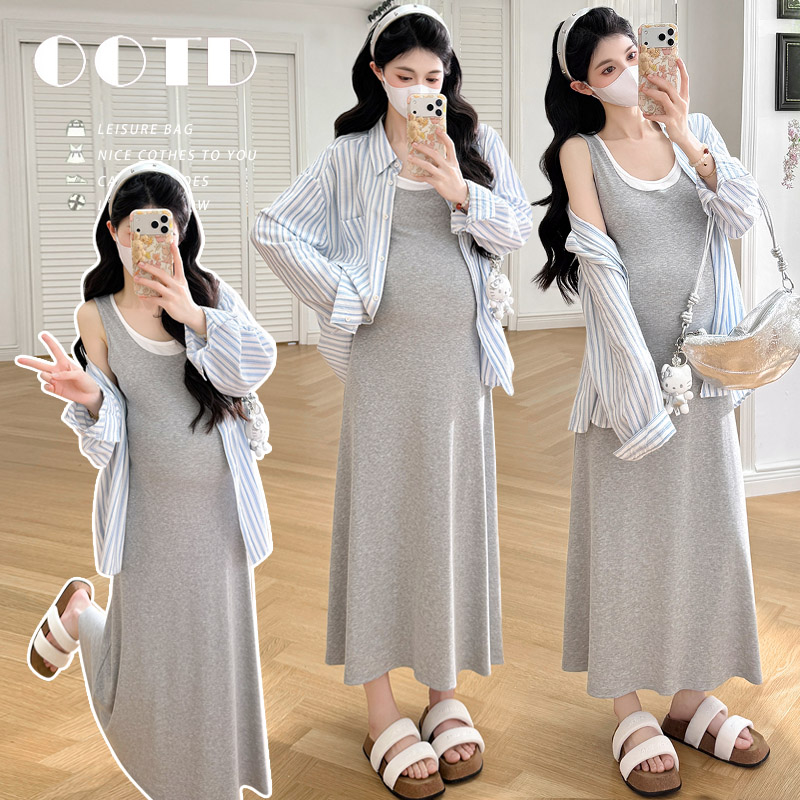 실사 지금 임산부 새로운 캐주얼 세트 패션 한 부서 페이크 레이어드 슬립 드레스 자외선 차단 표지 고기 오픈 가디건 투피스 세트