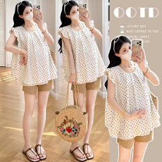 批发实拍孕妇夏季法式杏色波点小飞袖衬衫宽松遮肚子显瘦娃娃衫上衣