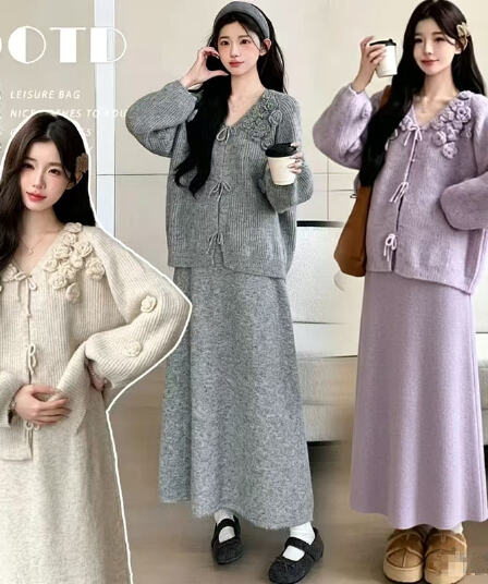 실사 출산 착용 가을 겨울 디자인 센스 3 차원 꽃 V넥 나비 넥타이 니트 맨위 반신 치마 세트