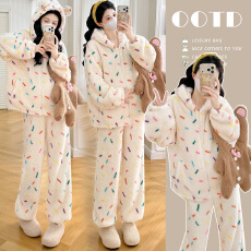 实拍~孕妇秋冬珊瑚绒加厚连帽口袋甜美少女冬天家居服套装可外穿
