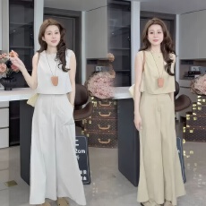 批发韩版通勤气质套<b class='q'>装</b>女<b class='q'>夏季</b>休闲风短款无袖上衣阔腿<b class='q'>裤</b><b class='q'>两件套</b>