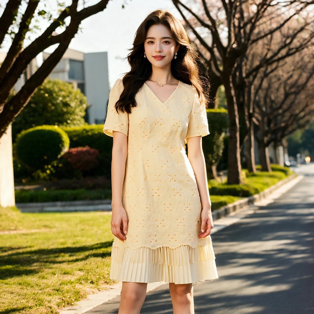 여름 열정적 인 빅 사이즈 여성 의류 2026 여름 연령 감소 술 드레스 통통한 여동생 라운드 넥 치마