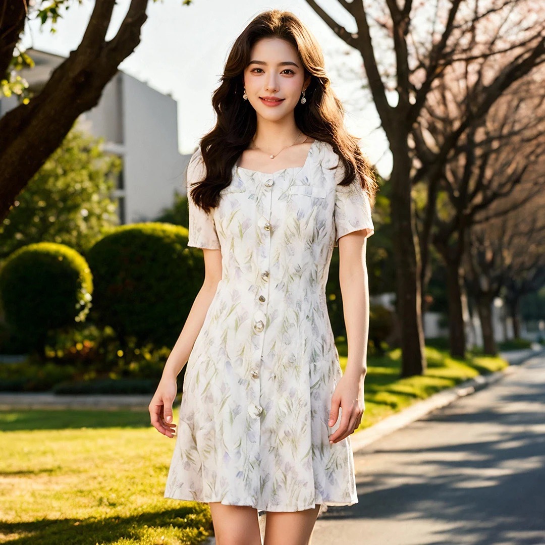 RY4303# 郁金香大码女装2026夏季新款时尚方领胖妹妹气质碎花连衣裙