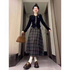 批发韩系学院风黑色格纹连衣裙子女2025新款早秋季高级感穿搭一整套装