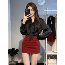 批发法式气质黑色缎面长袖衬衫包臀短裙女装2026春季新款御姐高级套装