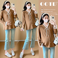 批发模特实拍 2026新款韩版孕妇装<b class='q'>春</b>装恤 百搭V领蕾丝花边孕妇上衣