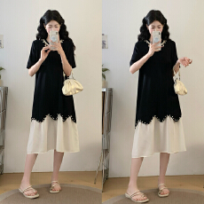 批发实拍大码女装黑白钉珠工艺拼接针织衫长款过膝下架显瘦拼接连衣裙