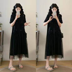 批发不规则网纱花边黑色正肩<b class='q'>连衣裙</b>夏新款大码胖mm<b class='q'>钉珠</b>重工t恤裙