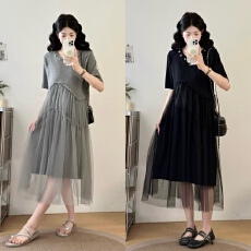 批发实拍大码女装胖MM网纱拼接针织钉珠显瘦过膝长裙花边纯色<b class='q'>连衣裙</b>