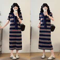 批发实拍大码女装胖MM彩色条纹<b class='q'>拼接</b>领结显瘦直筒长裙过膝针织<b class='q'>连衣裙</b>