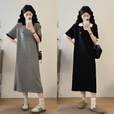 批发实拍大码<b class='q'>女装</b>polo领拼接显瘦减龄时尚简约直筒过膝长款连衣裙