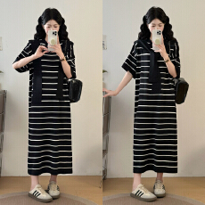 批发实拍<b class='q'>大码</b>女装条纹长款直筒显瘦连衣裙+领结披肩两件套